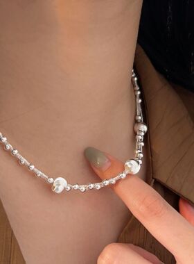 持恒S925纯银手工串猫眼圆珠项链女韩国新款高级感爆款重工锁骨链