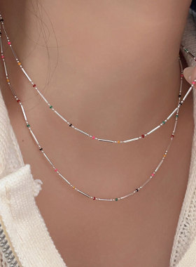 持恒S925纯银彩色滴油彩虹珠方条简约素链项链女韩国新款锁骨颈链