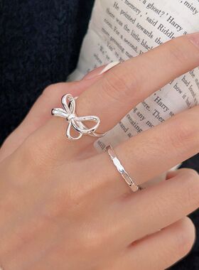持恒S925纯银蝴蝶结戒指女韩版新款ins潮简约小众开口可调节指环