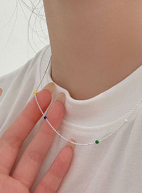 持恒s925纯银IU同款多巴胺彩虹串珠项链女韩国豆豆简约设计感颈链