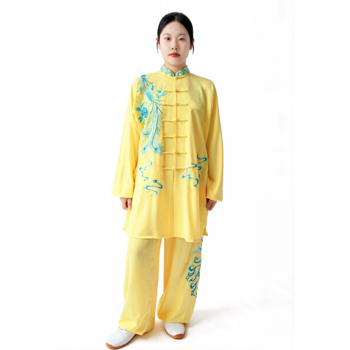 拳心拳意新款刺绣凤太极练功服八段武术舞台表演服女黄色丝麻中长