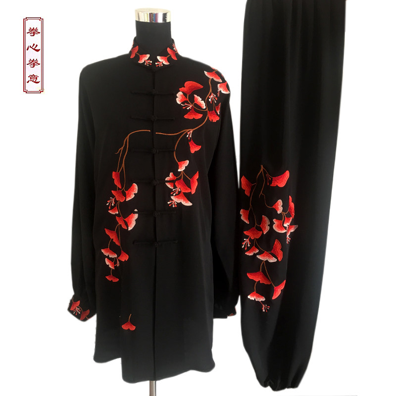拳心拳意黑色丝麻刺绣银杏太极服