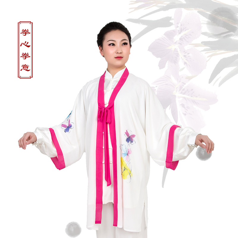 拳心拳意太极服练功服披纱披风纱衣外纱外披印花白玫红边女款定制
