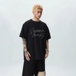 美式hiphop高街头复古t恤BBOY男女潮流烫贴珍珠洗水做旧重磅短袖