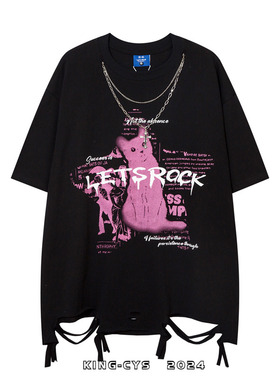 美式复古学院风可爱猫咪印花底摆破洞项链条短袖T恤男女情侣上衣