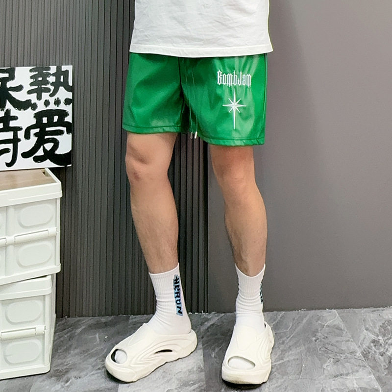复古港风字母星星刺绣PU皮短裤男
