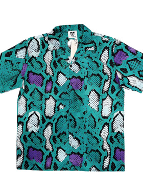 外贸潮牌欧美高级感夏威夷沙滩蟒蛇皮纹印花古巴领男休闲短袖衬衫