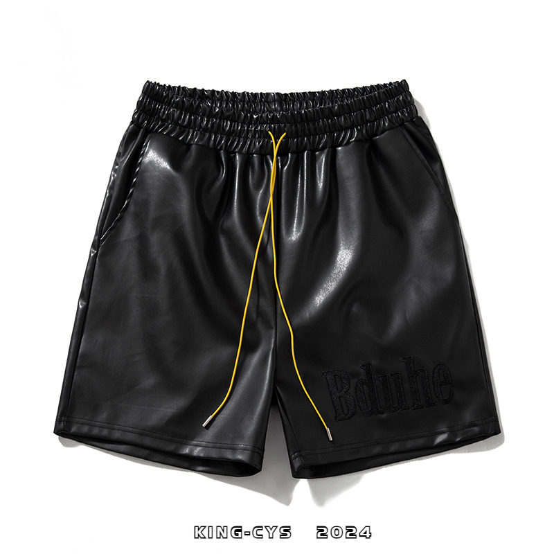 夏季高级感刺绣日系原宿风韩版美式街头潮男女小众PU皮裤直筒短裤