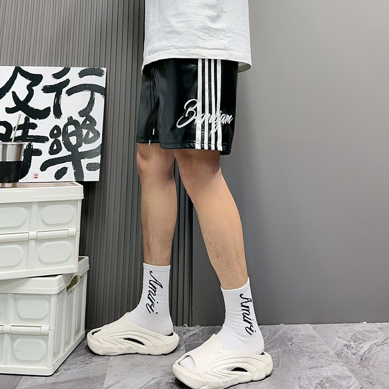 夏季美式高街三道杠条纹字母刺绣PU皮宽松短裤男潮流派对四分裤子