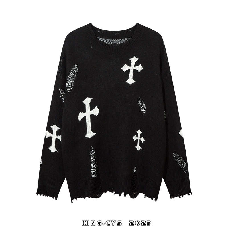 十字架提花破洞做旧针织衫毛衣