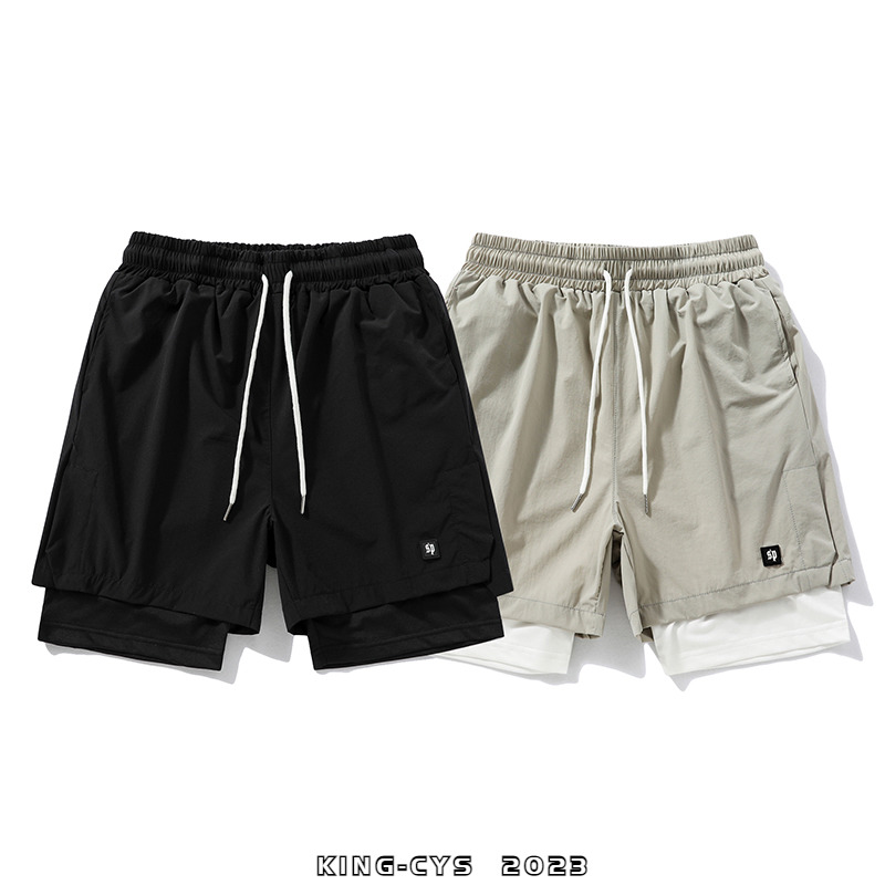 夏季美式带内衬假两件篮球短裤男士体育训练运动裤子健身跑步装备