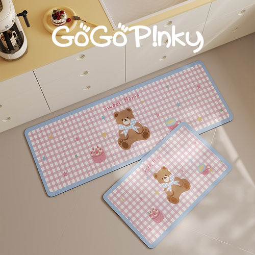可爱韩系小熊厨房地垫多巴胺家用长条脚垫子皮革吸水吸油防滑门垫