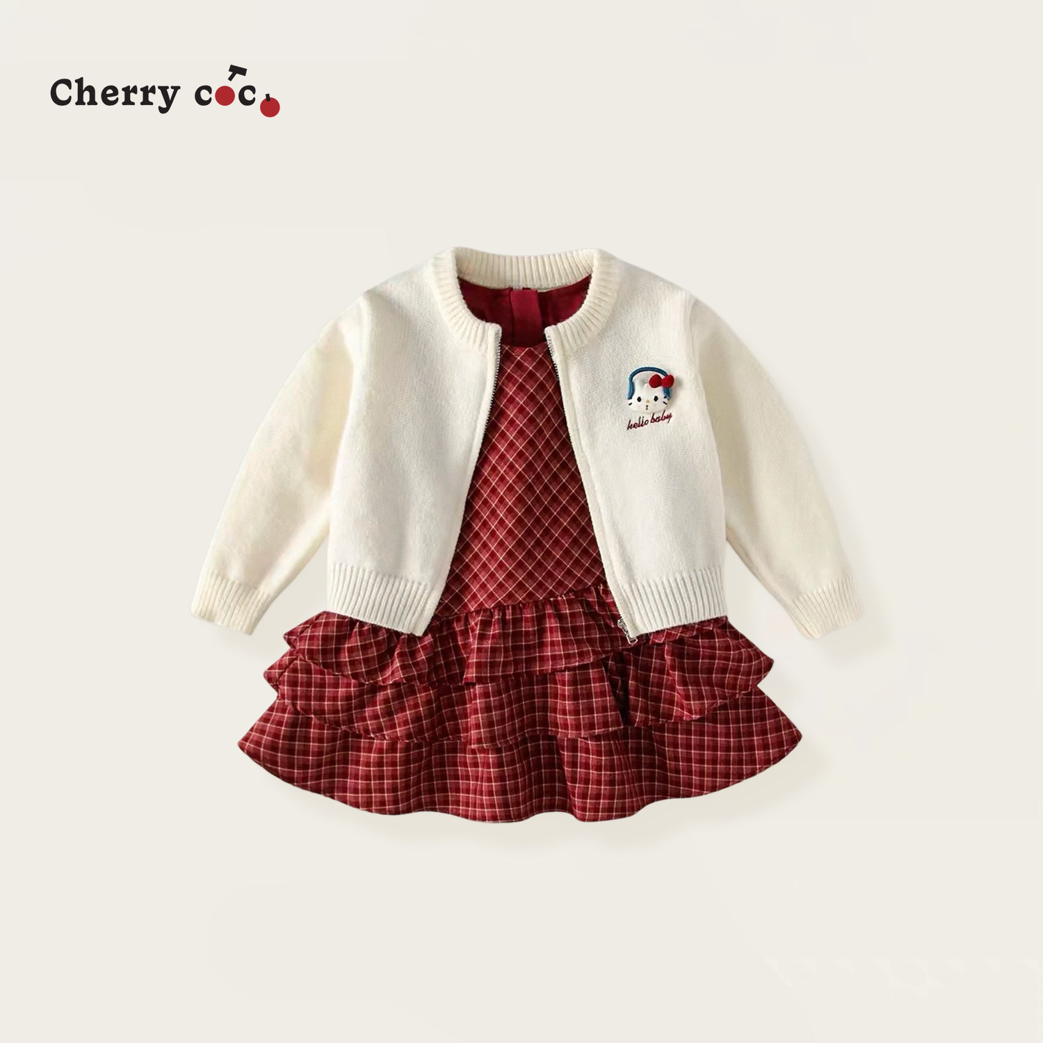 Cherrycoco女童套装秋冬新款女宝宝洋气针织外套背心裙二件套时髦