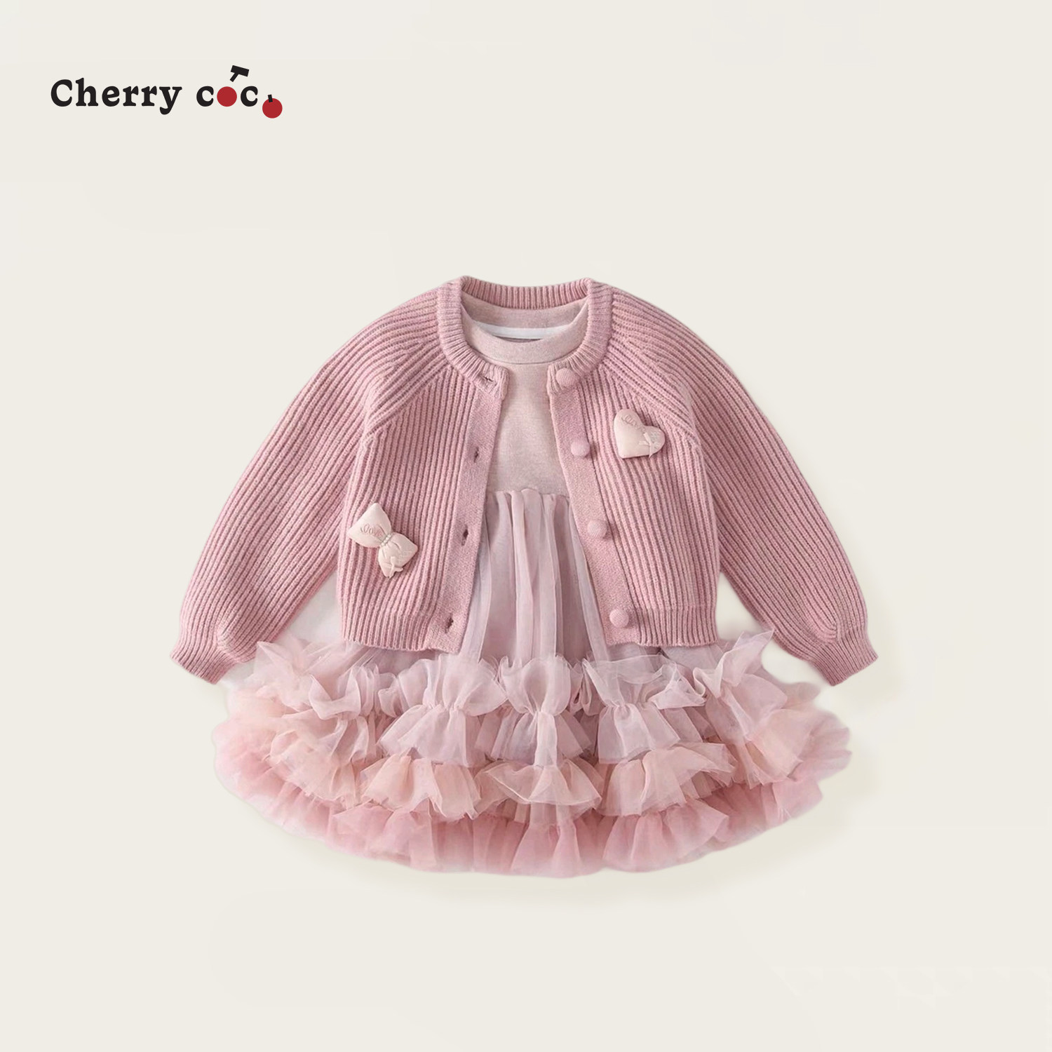 Cherrycoco女童套装秋冬新款女宝宝甜美公主纱裙毛衣二件套连衣裙