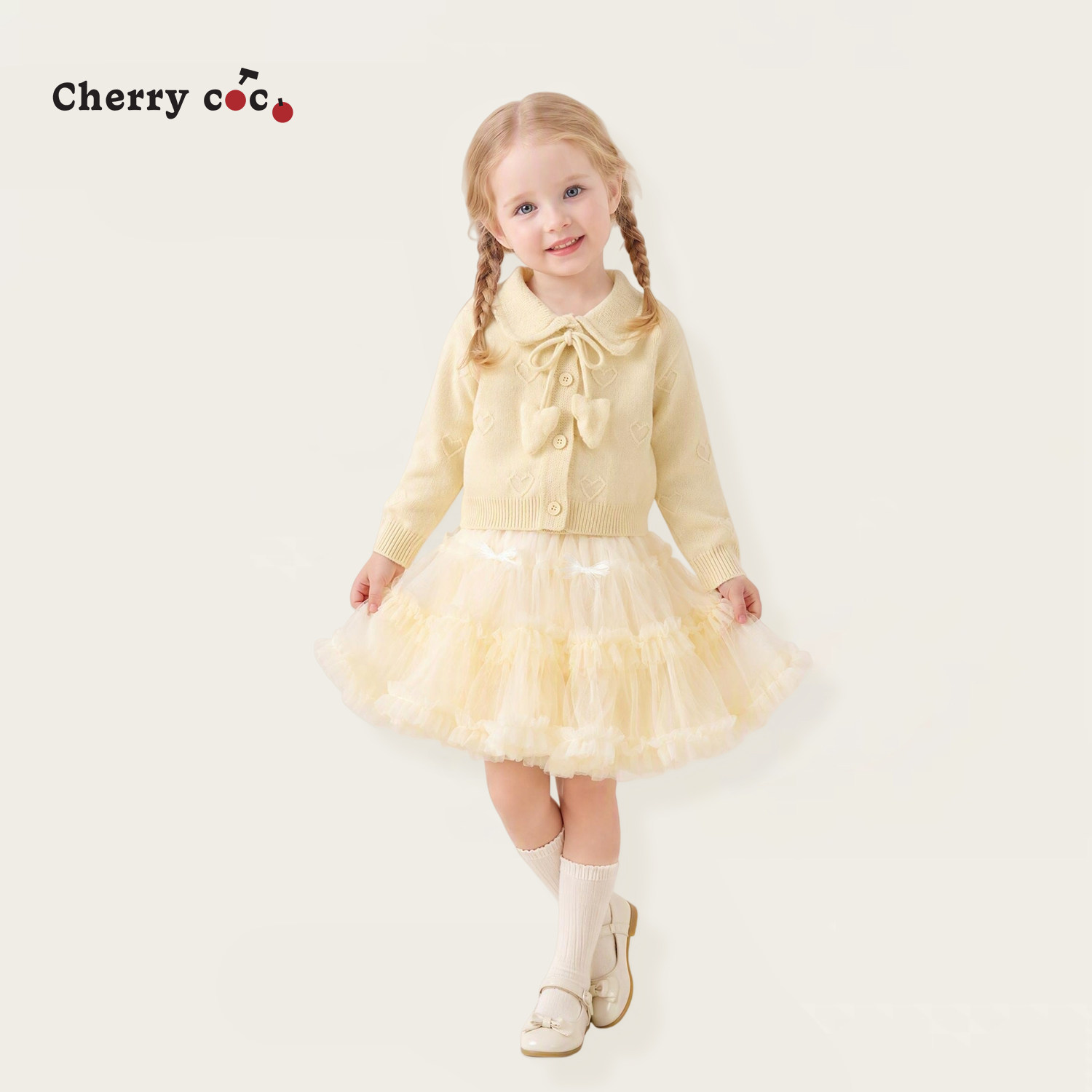 Cherrycoco女童套装秋冬新款女宝宝甜美公主裙针织开衫纱裙二件套