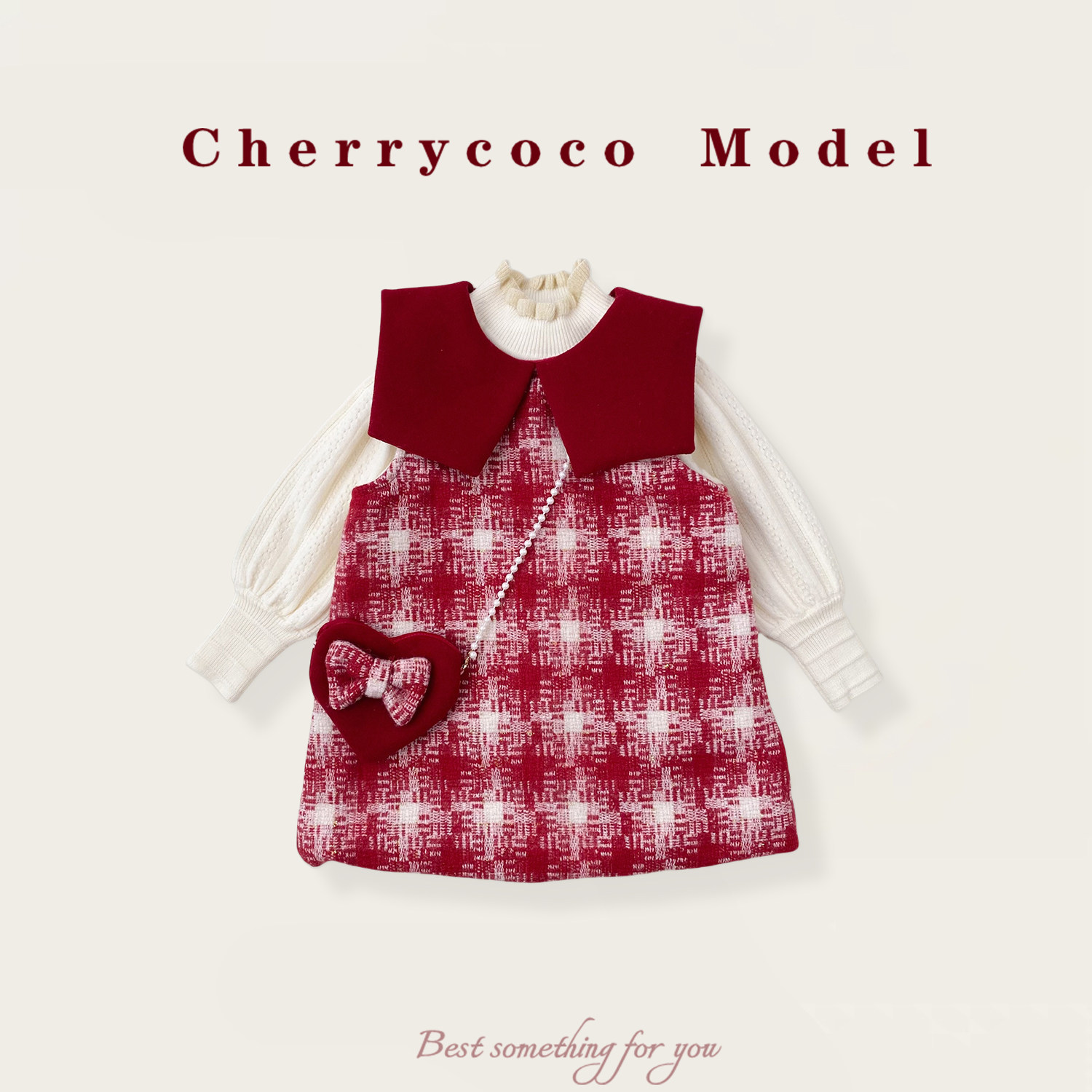 CHERRYCOCO女童套装女宝宝洋气红格子毛呢加绒背心裙公主裙三件套
