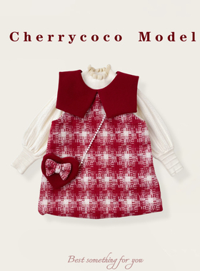CHERRYCOCO女童套装女宝宝洋气红格子毛呢加绒背心裙公主裙三件套
