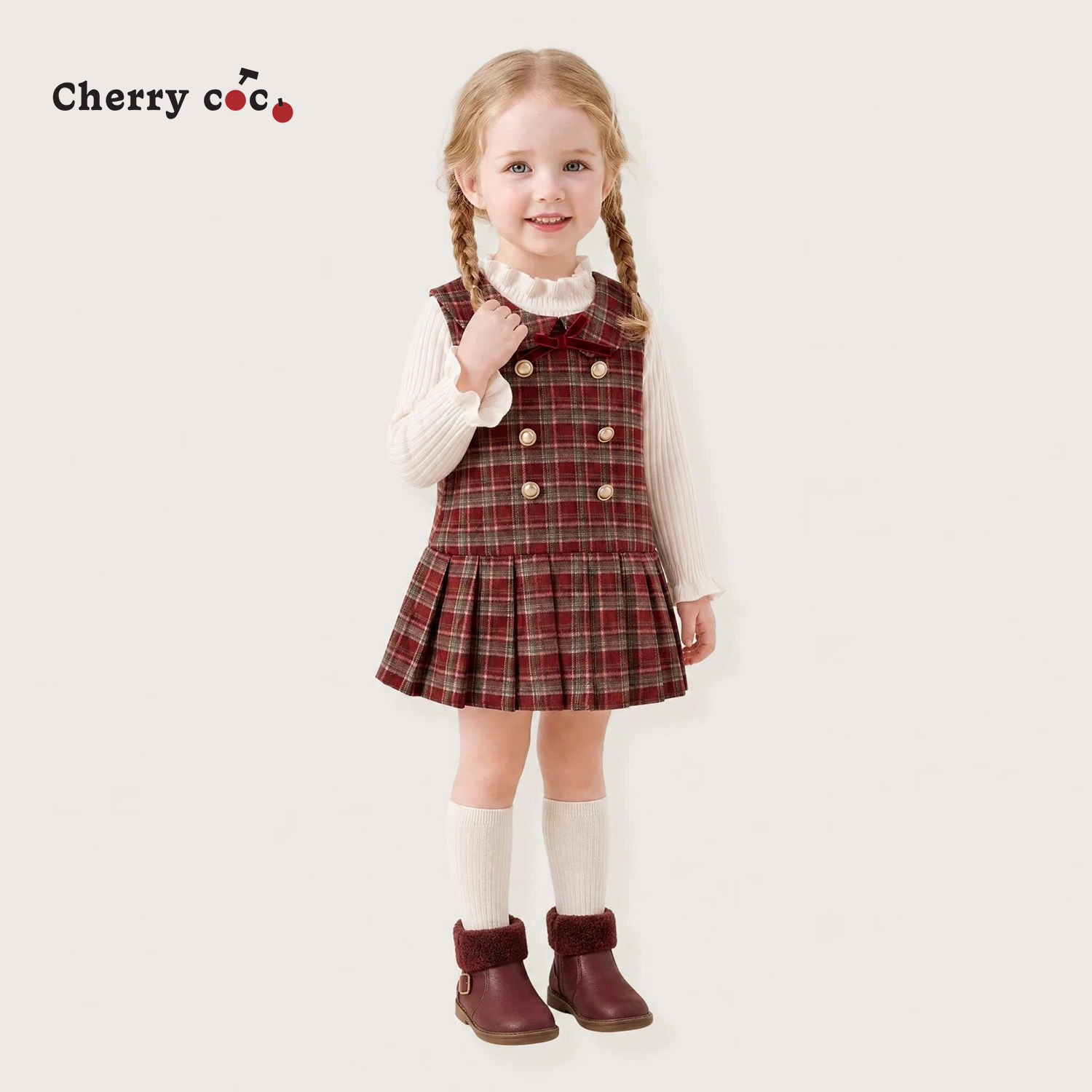 Cherrycoco女童套装秋冬新款女宝宝洋气学院风双排扣背心裙二件套