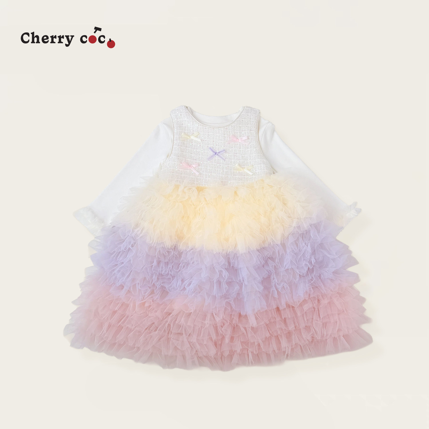 Cherrycoco女童连衣裙秋冬新款女宝宝小香风彩虹网纱裙公主裙生日
