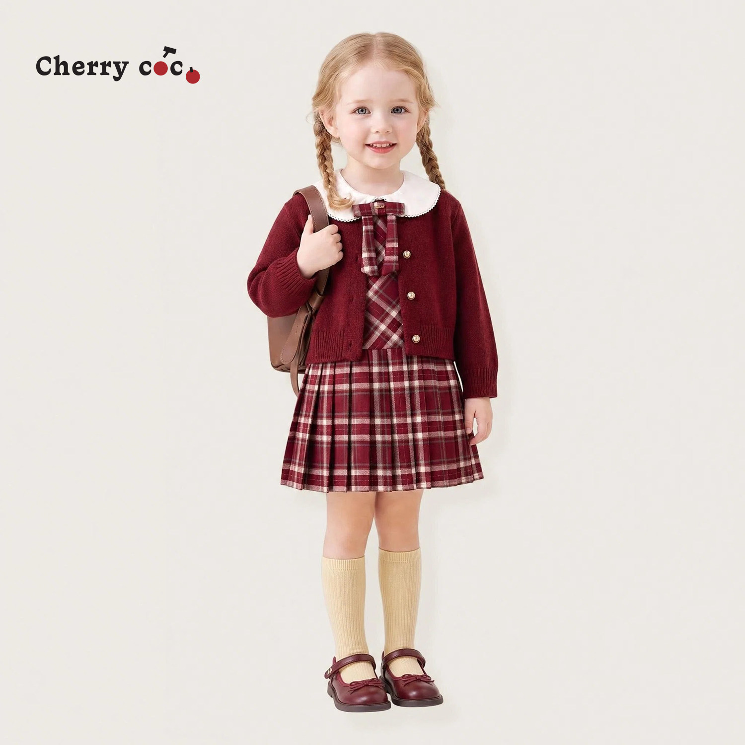 Cherrycoco女童套装秋冬新款女宝宝学院风毛衣外套背心裙二件套
