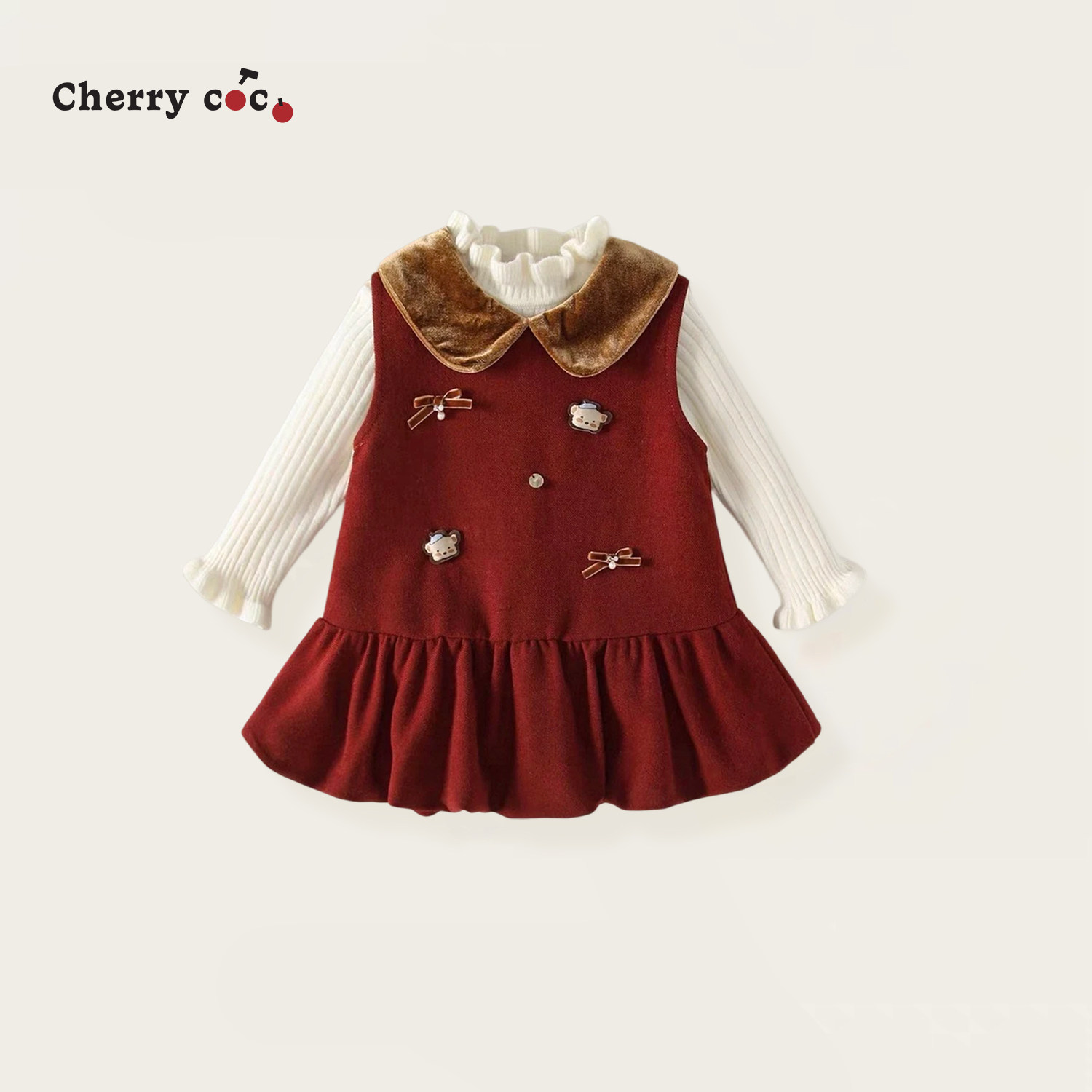 Cherrycoco女童套装秋冬新款女宝宝甜美背心裙木耳边毛衣二件套