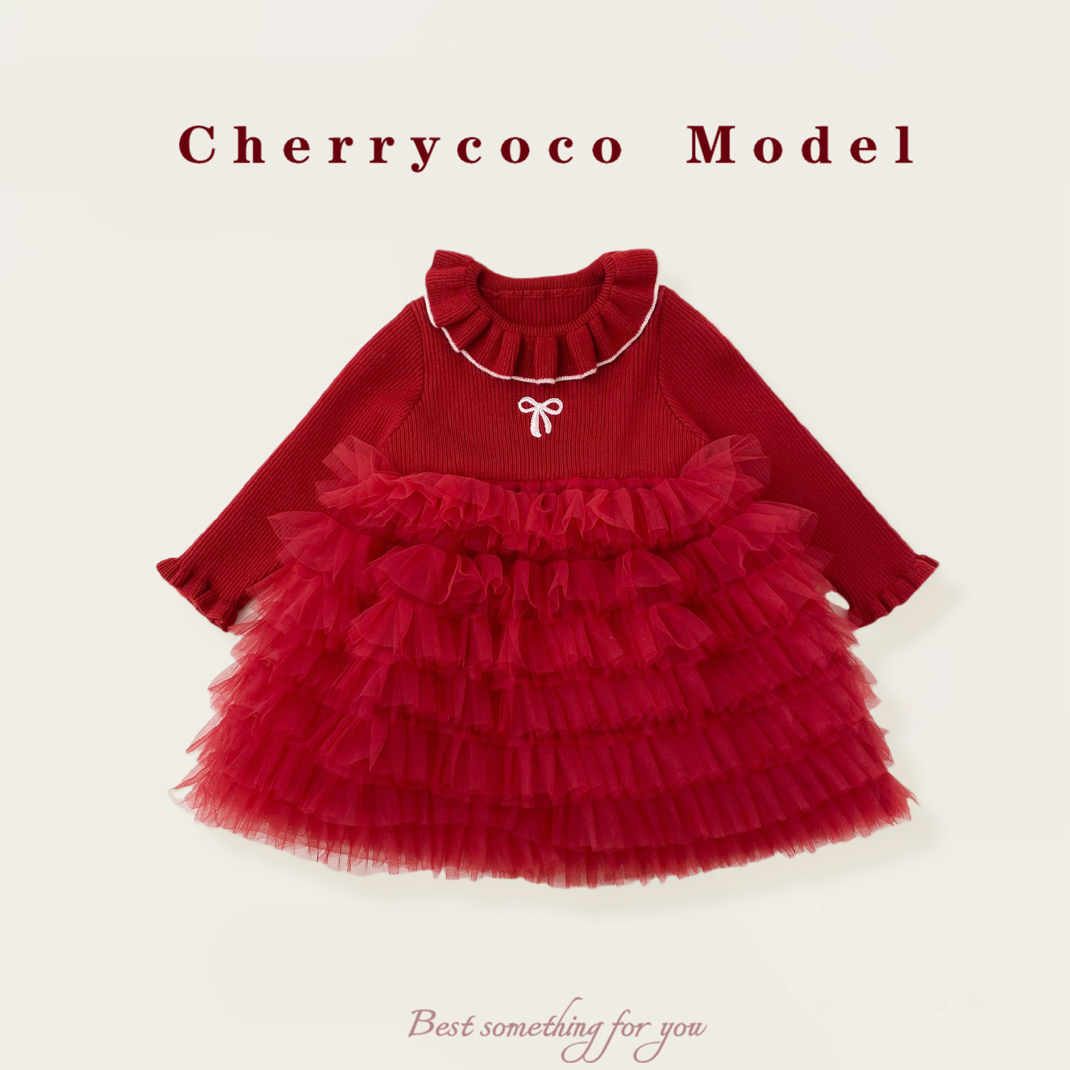CHERRYCOCO女童连衣裙女宝宝洋气蝴蝶结针织拼接公主裙毛线网纱裙