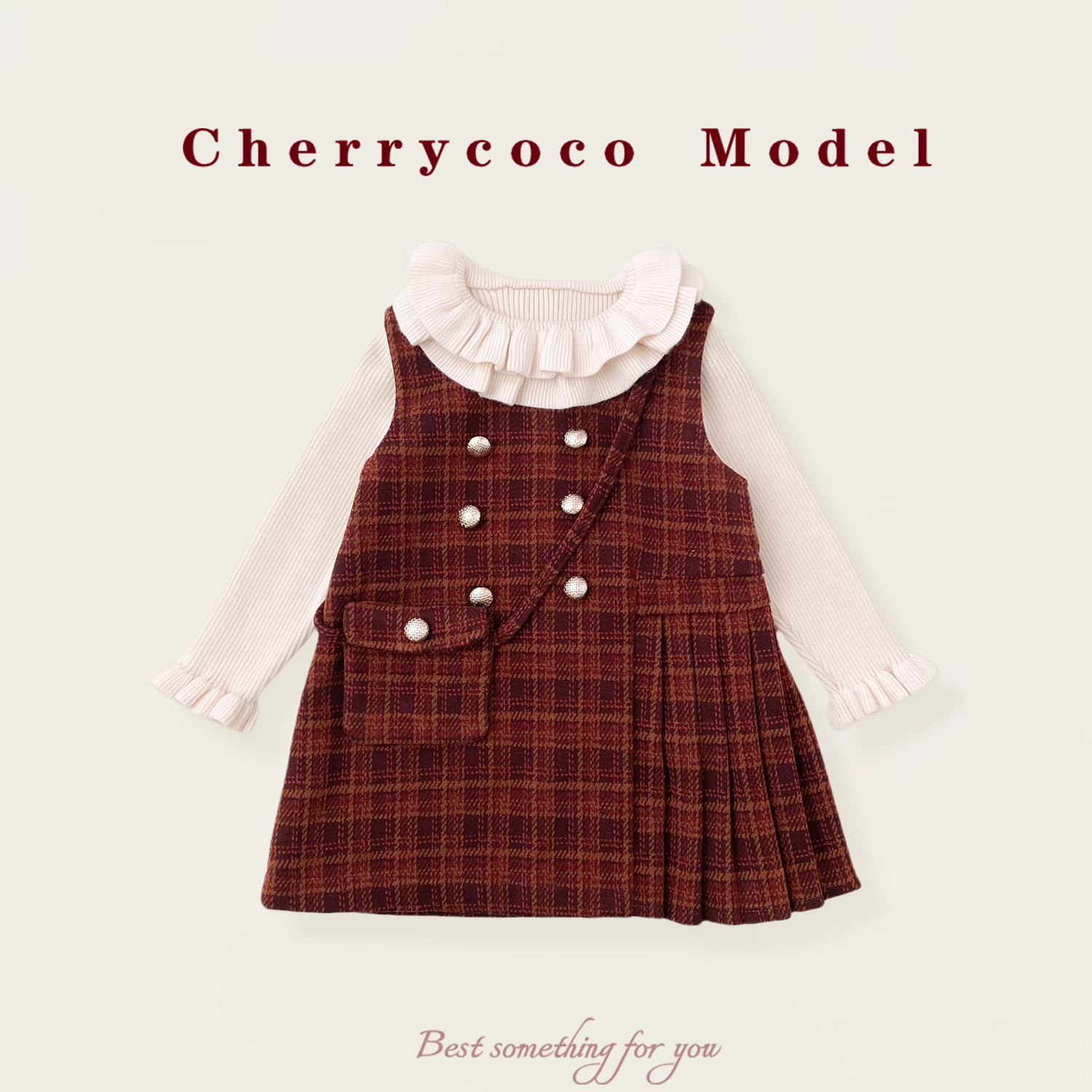 CHERRYCOCO女童套装2025秋冬新款女宝宝双排扣毛呢背心裙公主裙子