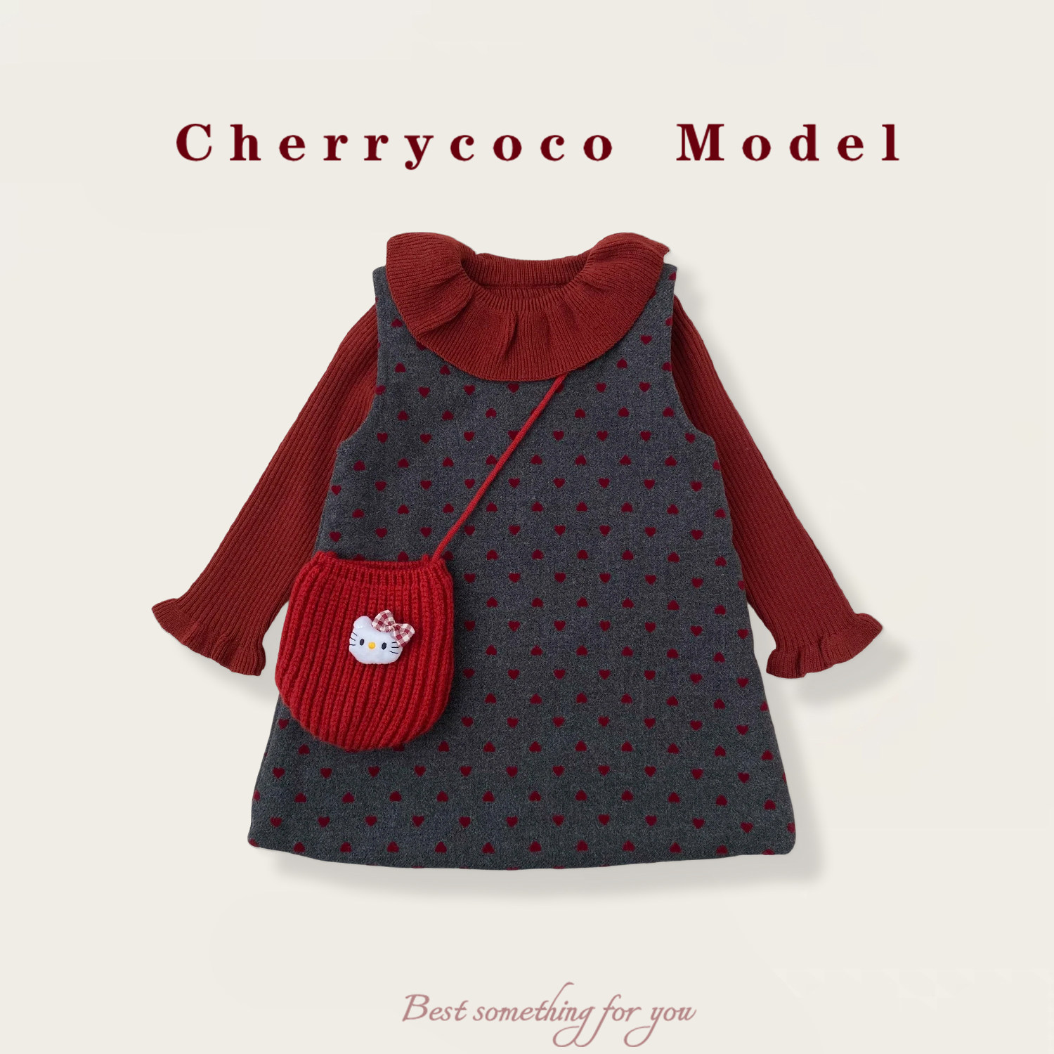 CHERRYCOCO女童连衣裙秋冬新款女宝宝洋气爱心毛呢背心裙三件套装