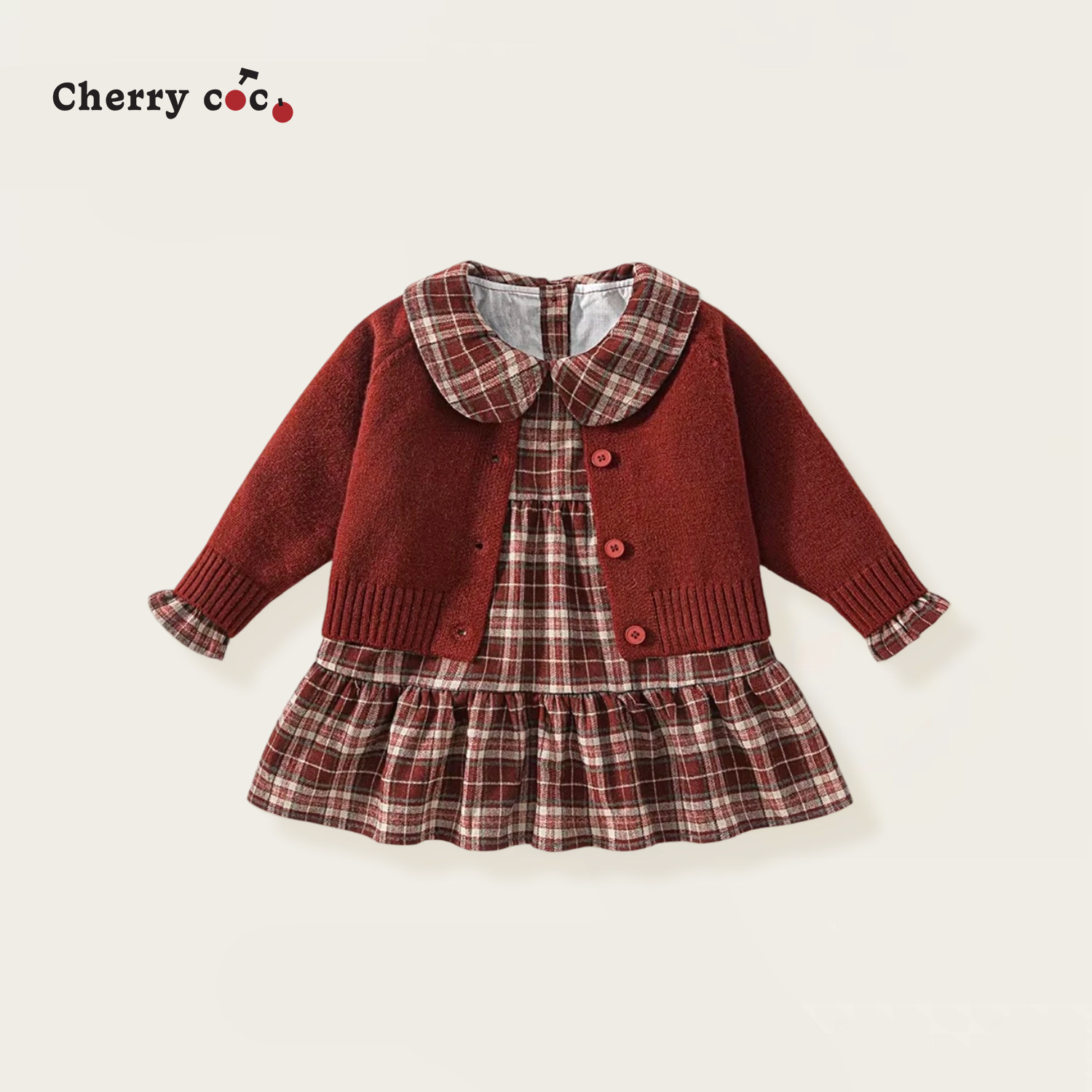 Cherrycoco女童套装秋冬新款女宝宝学院风连衣裙毛衣外套二件套