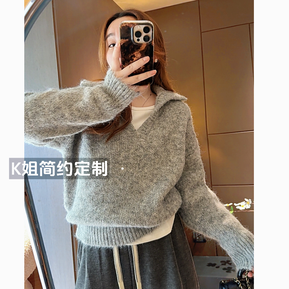 2025新款百搭翻领长袖针织衫女秋冬内搭宽松显瘦休闲打底衫上衣