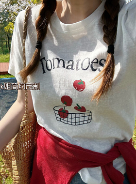 2026夏季新款雪花棉小番茄印花宽松短袖圆领T恤女百搭正肩上衣