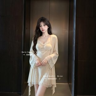 慕眠冬季女性感睡衣带胸垫丝绒吊带睡裙长袖外袍套装家居服奶呼呼