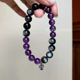 夜魅 diy暗黑系银曜石 逢考必过九紫离火乌拉圭紫水晶手串设计款
