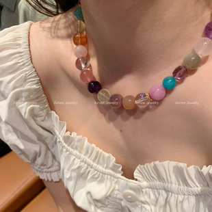 小众设计 明星同款 宝石山下 复古天然多宝水晶串珠项链多巴胺