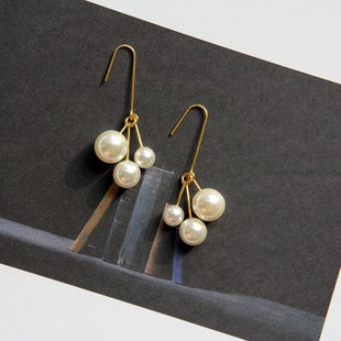 三颗大小珍珠圆球散状长款 走秀款 钛钢珍珠耳环 欧美法式 天天特价