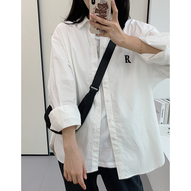 长袖衬衫女式韩版防晒宽松大码秋季外套设计感刺绣白色衬衣女