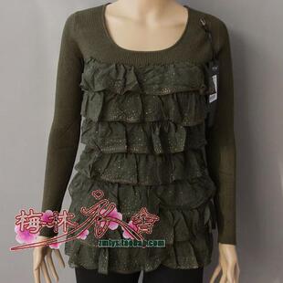 秋冬款女装毛衫正品菲恩圆领雪纺烫钻修身显瘦针织衫