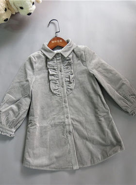 宝儿童装夹棉衬衫中长款加厚上衣韩版条绒木耳边棉衬衣81121