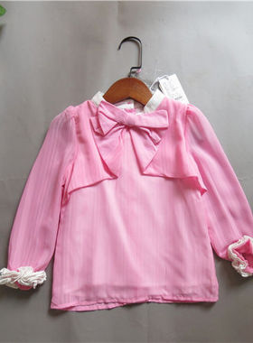 春夏款宝儿童装衬衫女童大蝴蝶结雪纺花边袖衬衣61675