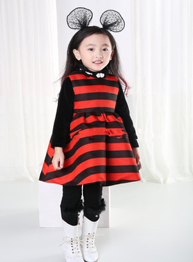 宝儿秋冬款女童连衣裙童装公主裙条纹加棉连衣裙55622