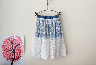 夏款宝儿童装半裙女童甜美纯棉牛仔蕾丝短裙19099