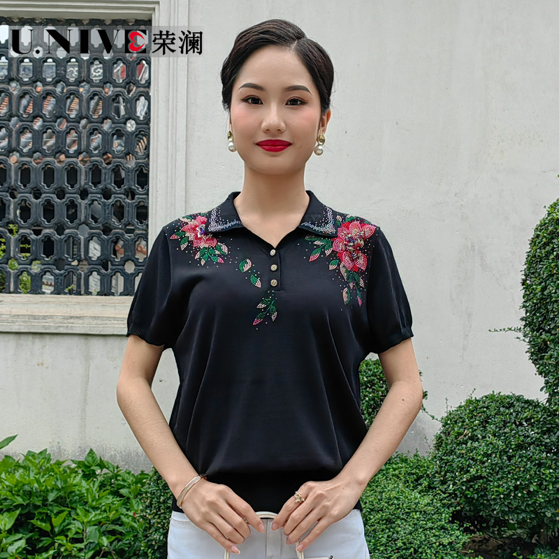 榮瀾新款夏裝中年短袖T恤女冰絲繡花小衫媽媽裝翻領(lǐng)外穿針織衫薄