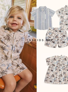 ins童装23ssGA男童女童度假风衬衫短裤宝宝可爱短袖连衣裙兄妹装