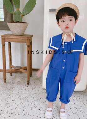韩国童装21夏新款男女儿童海军领连体衣棉麻连体裤宝宝连身衣