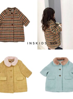 ins爆款21新款cbc系列女童复古格子羊毛呢大衣宝宝中长款毛领外套