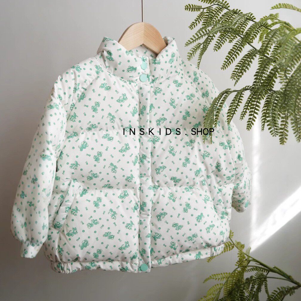 绿色狗狗印花面包羽绒服