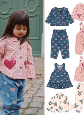 25春夏新款KS童装女童爱心翻领牛仔外套宝宝背带短裤背心裙牛仔裤