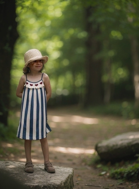 现货24夏季新款童装KS同款蓝色条纹爱心系列女童吊带套装连衣裙棉