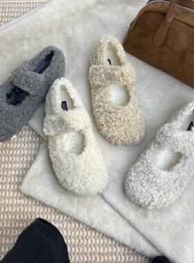 厚底内增高3cm灰色毛毛鞋女冬外穿懒人一脚蹬保暖加绒羊羔毛棉鞋