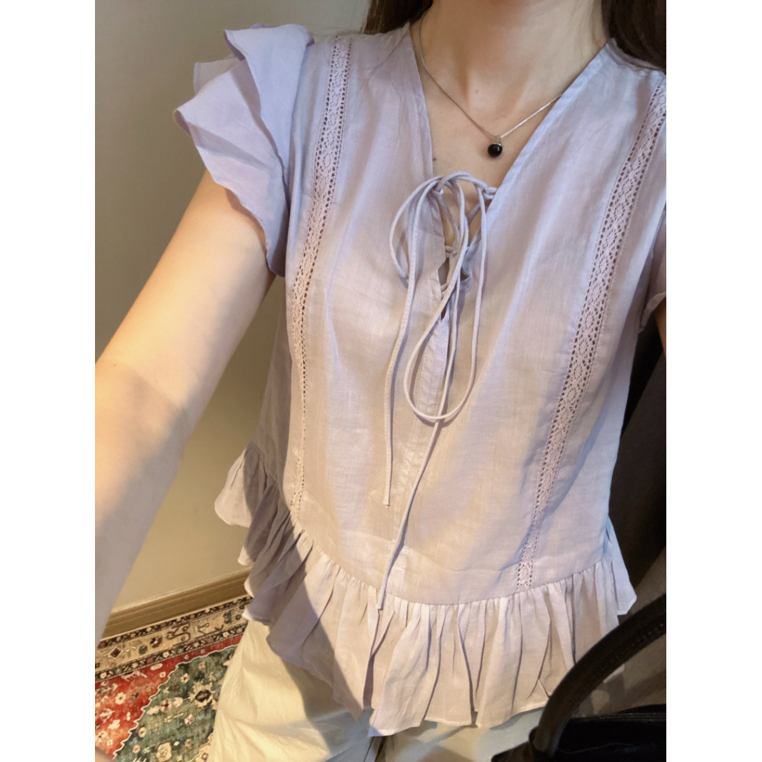 LINZICHIC 韩国代购木耳边淡淡紫色小飞袖苎麻天丝小衫衬衫女现货